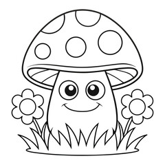Adorable Cartoon Mushroom with Flowers and Nature Scene Coloring Page