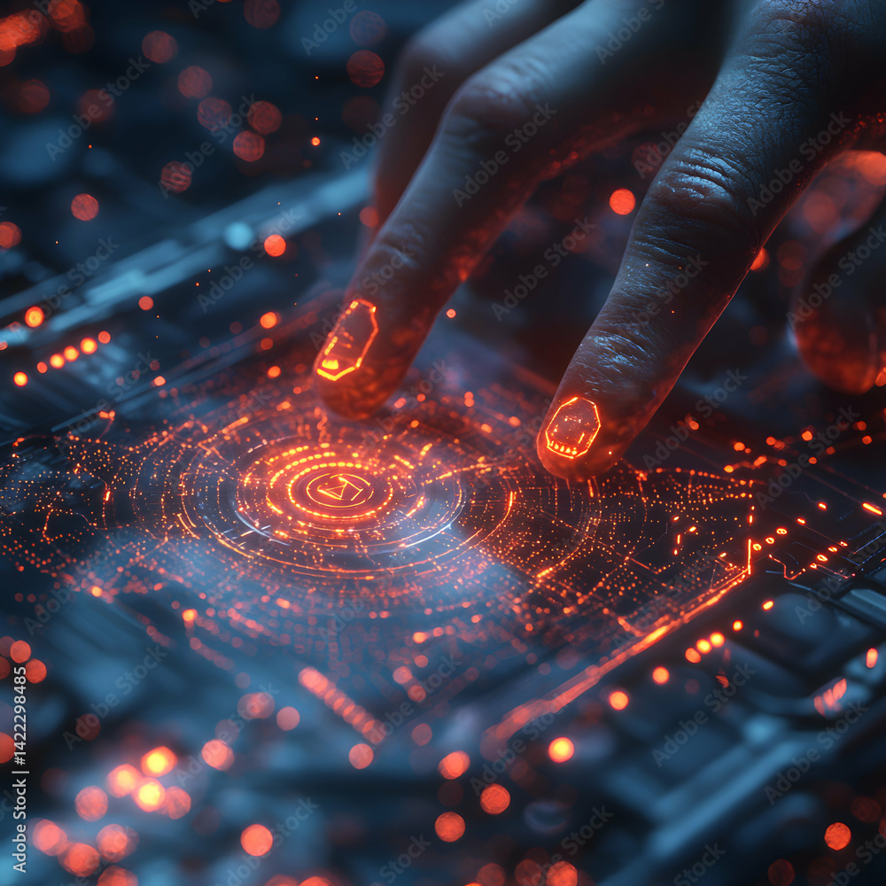 Poster a futuristic scene of hands interacting with glowing digital circuitry. it evokes a sense of technol