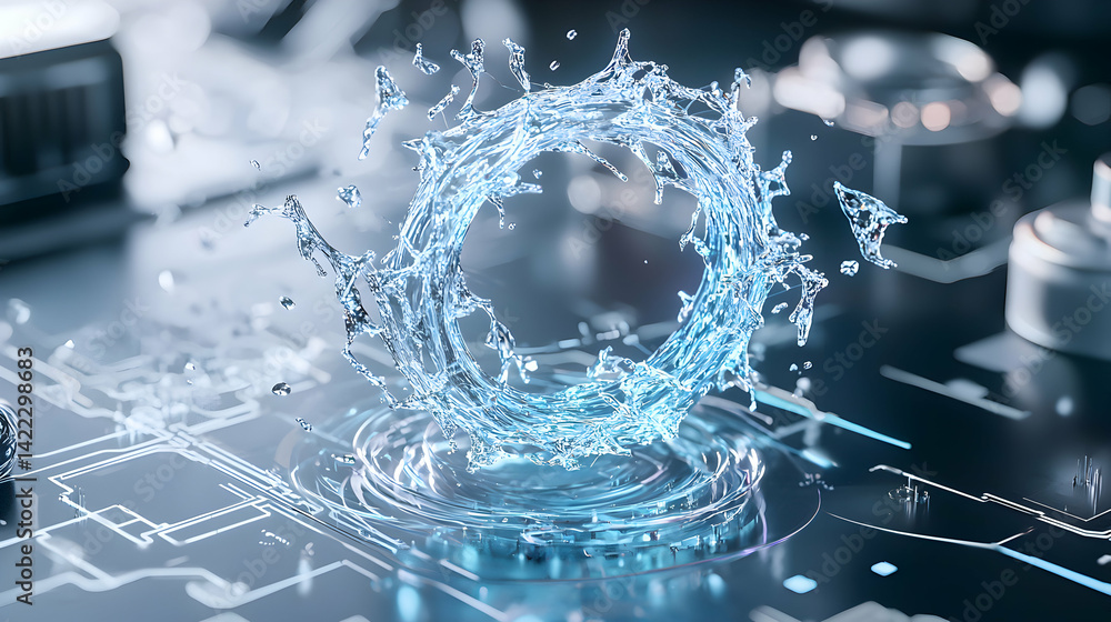 Poster a stunning artistic rendering of water forming a splash ring resting on a futuristic circuit board. 