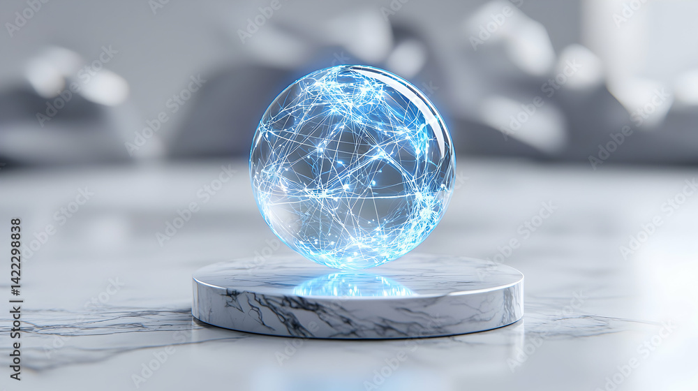 Poster a glowing sphere of interconnected energy rests on a marble platform. this image is perfect for visu
