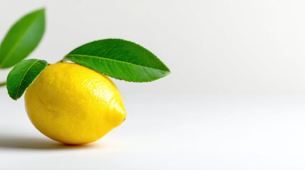 Bright yellow lemon with vibrant green leaves on a clean white background studio shot for fresh fruit concept