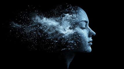 A surreal visualization of a human head disintegrating into floating digital fragments, symbolizing the fusion of consciousness with information. Generative AI