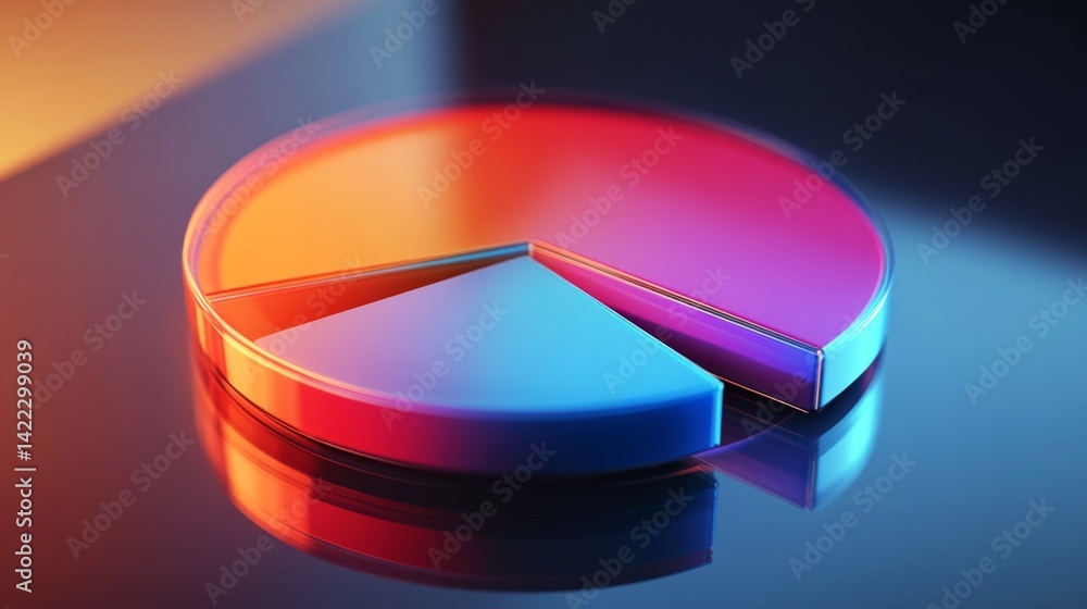 Aufkleber A close-up view of a D pie chart with distinct segments, showcasing data distribution in bright colors, highlighted by reflections and shadows for depth.