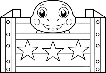 Outlined Smiling Turtle Inside Wooden Box with Star Details, Transparent