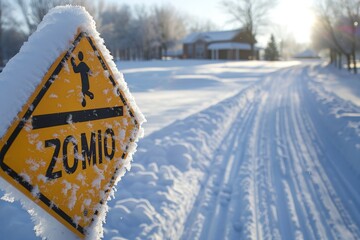 A close-up view of a school zone sign covered in frost, with a snowy road in the background, A school zone sign in a snowy landscape