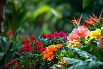 Fototapeta premium A close-up view of brightly colored tropical flowers blooming in a lush garden, Vibrant tropical flowers blooming in a garden