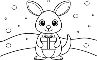 Cute kangaroo holding gift box with transparent background outline for coloring book