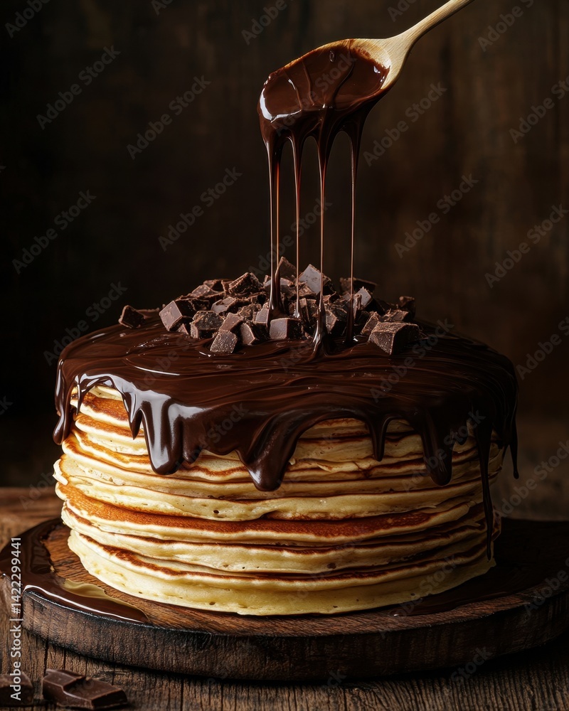 Poster delicious pancake stack drizzled with rich chocolate sauce and topped with chocolate chunks in rusti