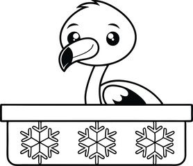Cartoon Flamingo Black and White in Snowflake Box Isolated on Transparent BG