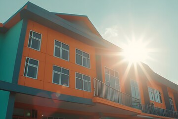 Obraz premium Vibrant Orange Building Sunlit Facade Modern Architecture