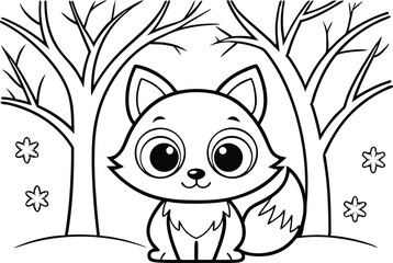 Outlined Foxy Cartoon Character Surrounded by Trees and Falling Snowflakes