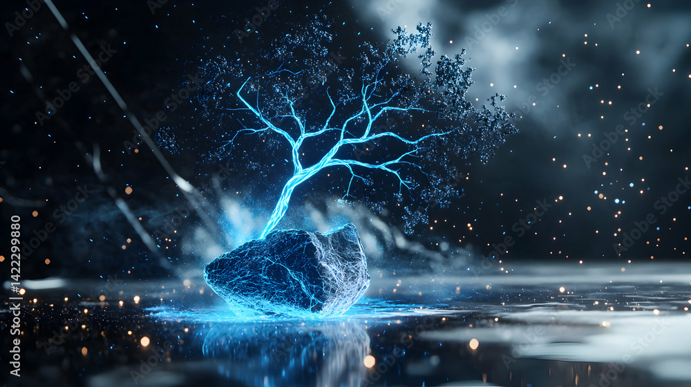 Poster mystical glowing tree emerging from a rock with a dark and ethereal atmosphere suggesting growth or 