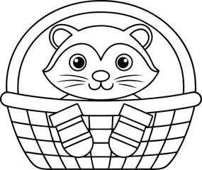 Isolated outline sketch of cute raccoon in a woven basket on transparent background