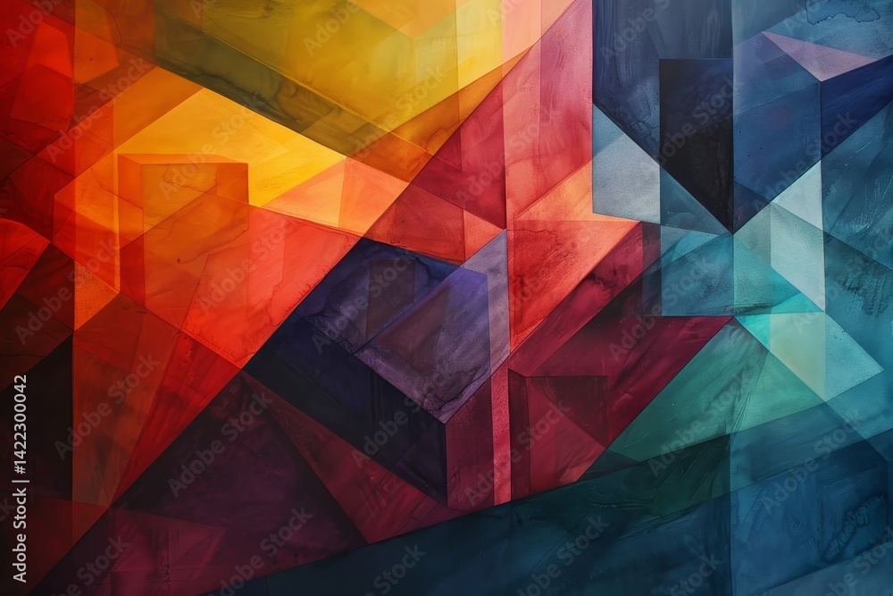 Aufkleber an abstract painting featuring layers of geometric shapes with vibrant colors blending seamlessly, l
