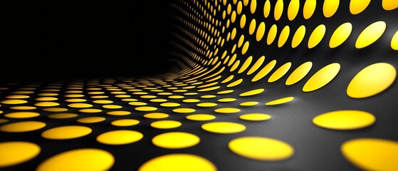 Abstract curved surface with yellow circles on black background.  Creates illusion of depth and movement