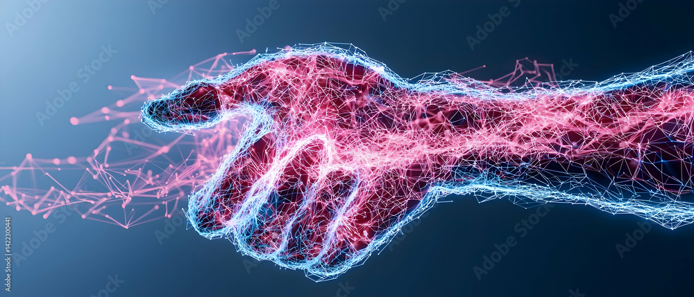 Aufkleber a digital art piece depicting a hand formed by interconnected lines and nodes. this could symbolize 
