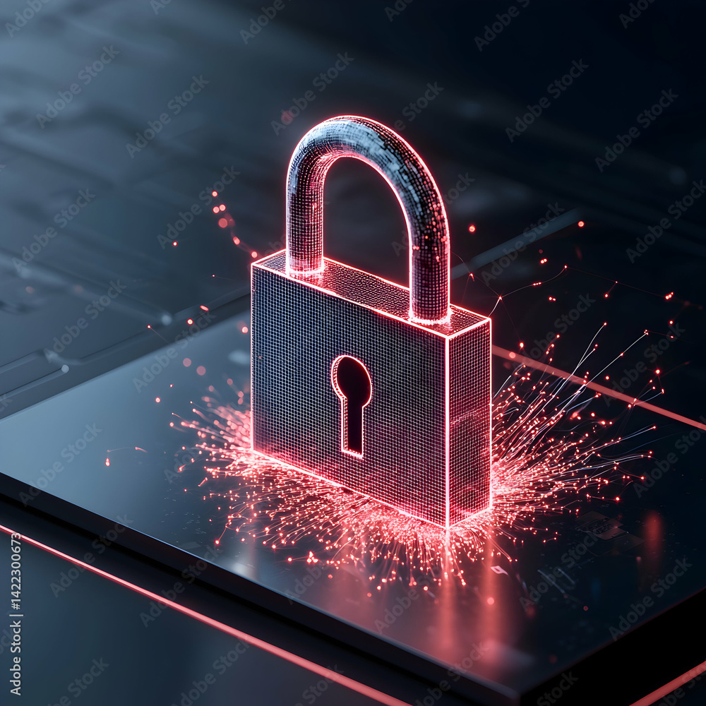 Poster a digital padlock glowing red representing cybersecurity. this could be used for presentations on da