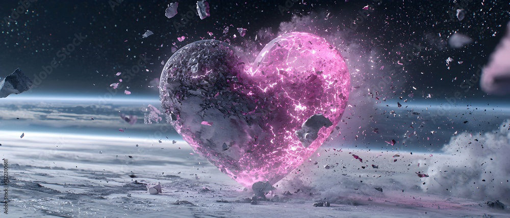 Poster a heart-shaped object in space is breaking apart. its core glows vibrantly with a cosmic explosion. 