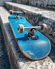 A vintage blue skateboard is perched on worn stone steps, basking in the sunlight. The scene evokes memories of skateboarding adventures and urban exploration in a lively setting.