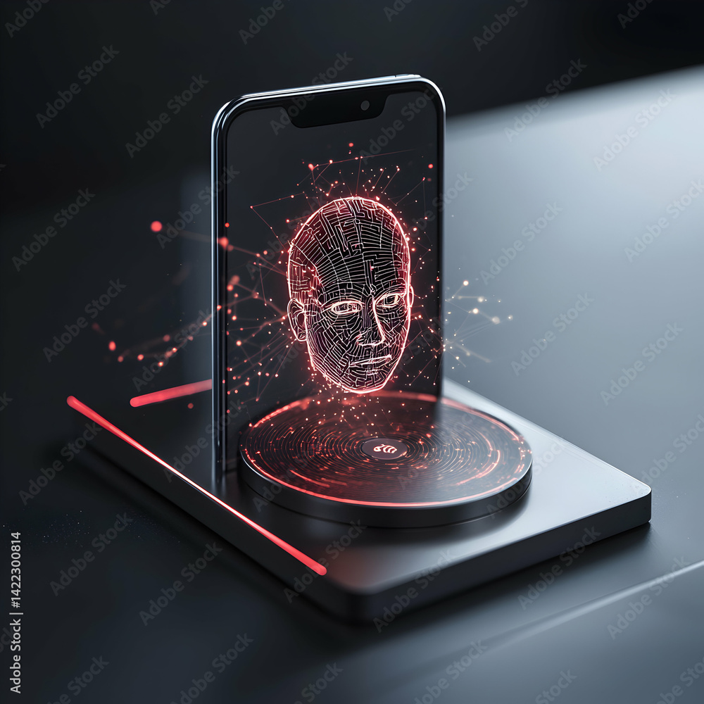 Poster an illustration of a phone with a digital face scan. it could be used for facial recognition authent