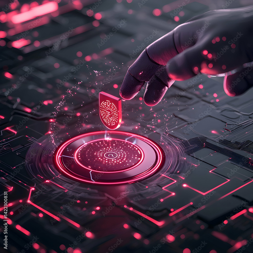Poster futuristic cybersecurity concept. a digital hand places a fingerprint over a glowing scanner suggest
