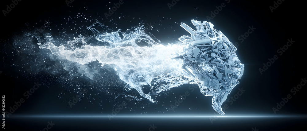 Poster abstract artwork depicting a technological entity emerging from a cloud of energy. a visual concept 