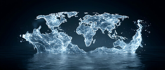 A stunning image depicting the world map formed from water. Great for environmental themes global awareness projects and educational materials promoting conservation.