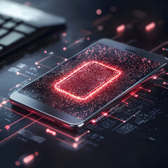 A futuristic image shows a smartphone with fingerprint authentication. It symbolizes digital security and user identification through biometric technology for accessing devices. Application in data pr