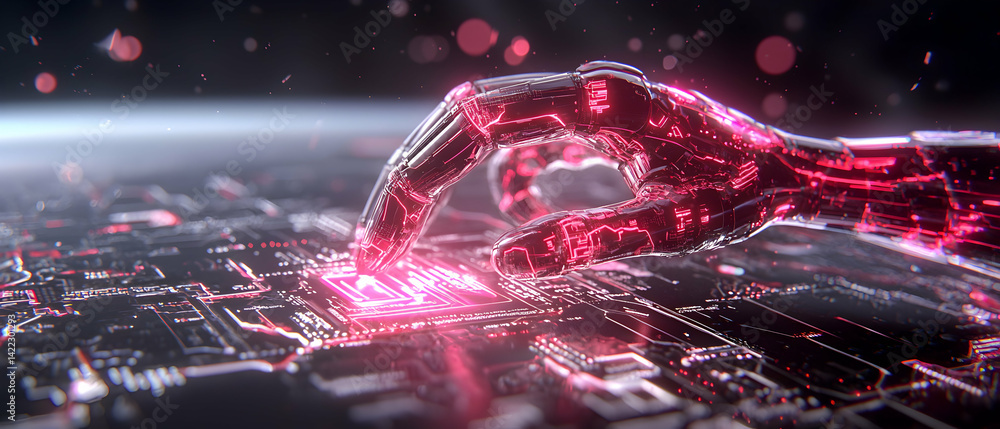 Aufkleber a robotic hand interacts with a glowing circuit board. suggests advanced technology and ai developme