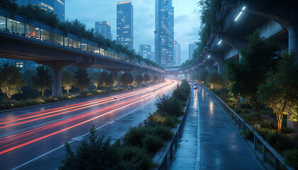 Smart transportation hub with AI-controlled traffic overlays, glowing data flows, and digital city grid, representing future urban mobility, planning, and smart city tech