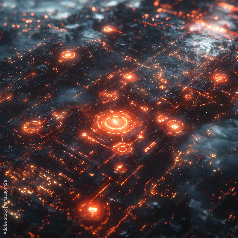 Poster a futuristic digital city glows with orange energy. ideal for technology concepts visualizing networ