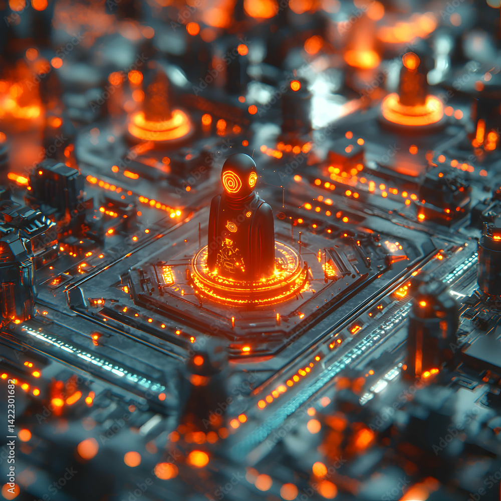 Poster a futuristic digital landscape featuring a glowing figure on a circuit board. suggests ai control an