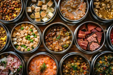 A selection of dog food flavors in metal containers provide options for your furry friend, Variety of canned dog food in different flavors