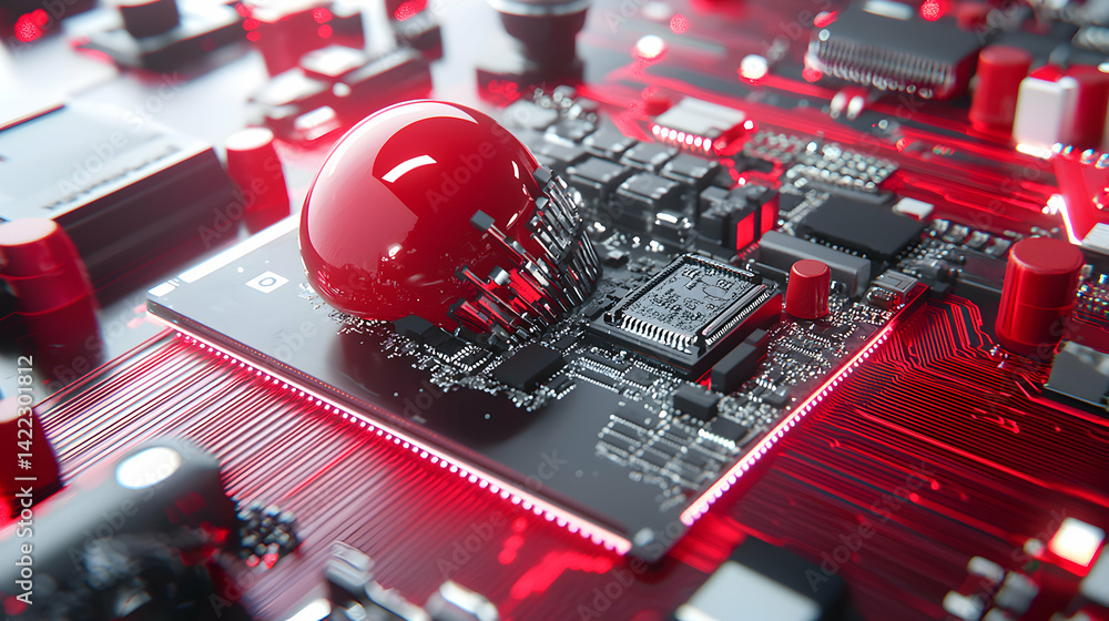 Poster abstract circuit board art with a polished red ball integrated. use this for tech-themed posters web