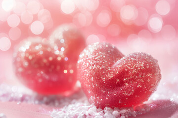 Fototapeta premium Two red heart-shaped candies with sugar crystals on pink background. Valentine's Day concept. 
