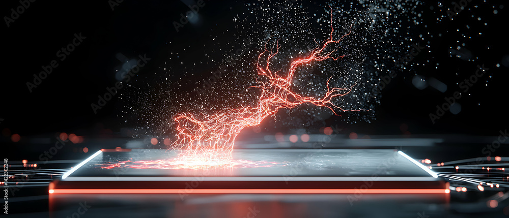 Aufkleber digital art displays an electric tree-like structure emanating from a platform. evokes technology gr