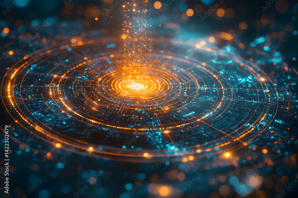 Poster abstract futuristic digital art showcasing a circular data stream and bright energy flow. ideal for 