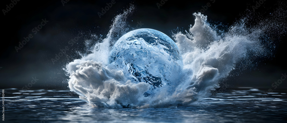 Poster an ice sphere shatters creating a dynamic water splash in dark environment. great for abstract art o