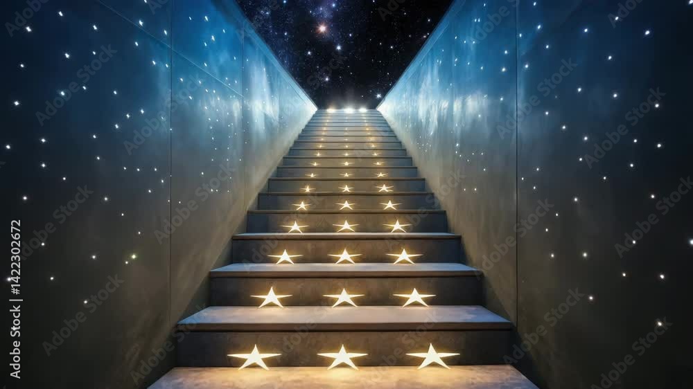 Poster a dreamlike staircase composed of luminous stars, creating a surreal and enchanting visual experienc