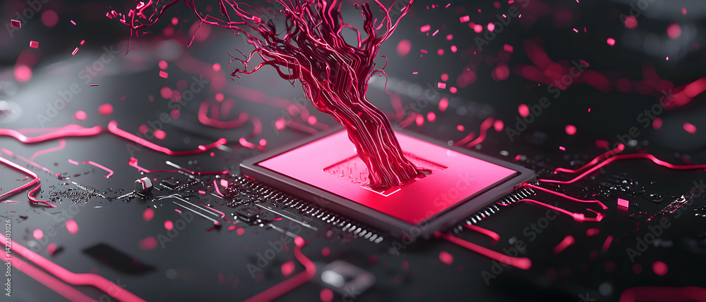 Poster an artistic representation of technology merging nature. suggests ai growth connectivity and data fl