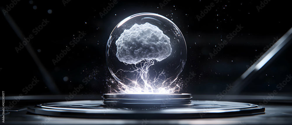 Poster a futuristic brain encased in glass glowing with energy. this image is fitting for scientific or tec