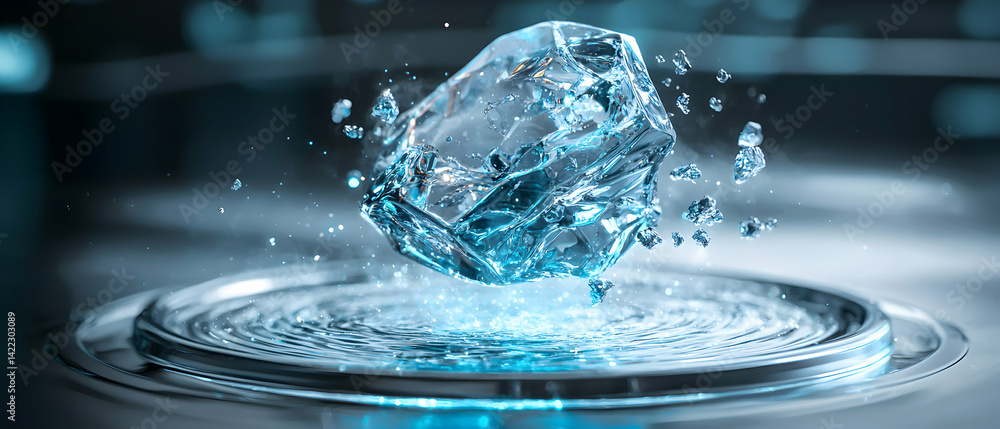 Poster an abstract artwork depicting a crystalline structure suspended above rippling water. this image is 