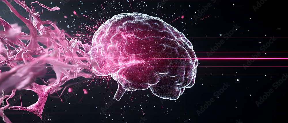 Aufkleber this image depicts a glowing brain with a network of pink tendrils suggesting neural activity or a c