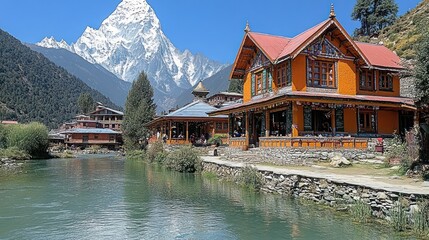 Naklejka premium Vibrant Himalayan village nestled beneath snowcapped peaks blending nature and culture
