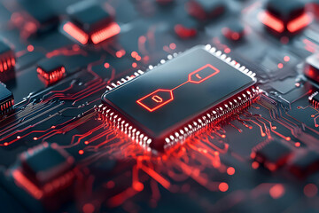 A close-up of a circuit board with a glowing central processor. The image suggests advanced technology or data processing. It is suitable for tech presentations or website backgrounds.