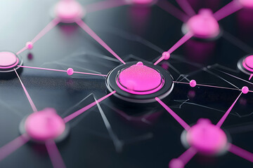 A vibrant abstract image showcasing interconnected nodes linked by glowing pink lines. Represents a network or data flow suggesting digital connectivity or technological themes.