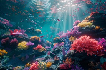 Fototapeta premium Vibrant coral reef teeming with life, sunlight filtering through surface in breathtaking underwater scene, A mystical underwater world with colorful coral reefs and exotic sea creatures