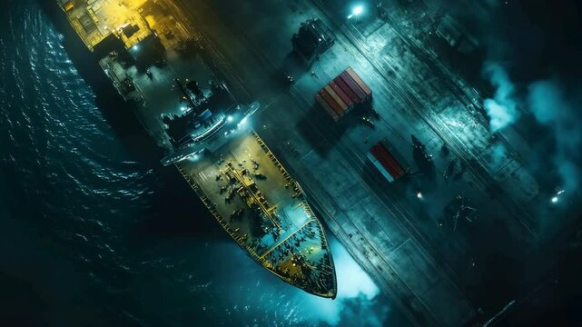 Aerial drone view at night: A massive container ship docks at a heavily secured port, illuminated by harsh industrial lights. 