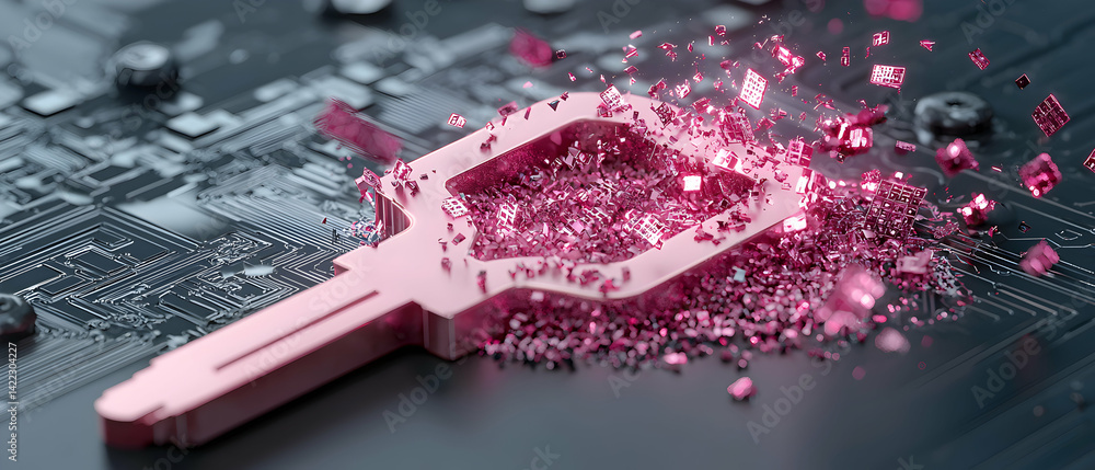 Poster a digital key shattering on a circuit board represents data security or system breach. ideal for cyb