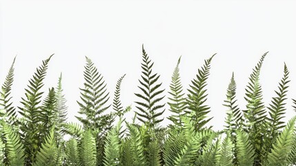 Obraz premium Lush Green Ferns Against a Pristine White Backdrop Capturing the Essence of Nature with a Low Angle and Minimalist Style Perfect for Botanical Themes